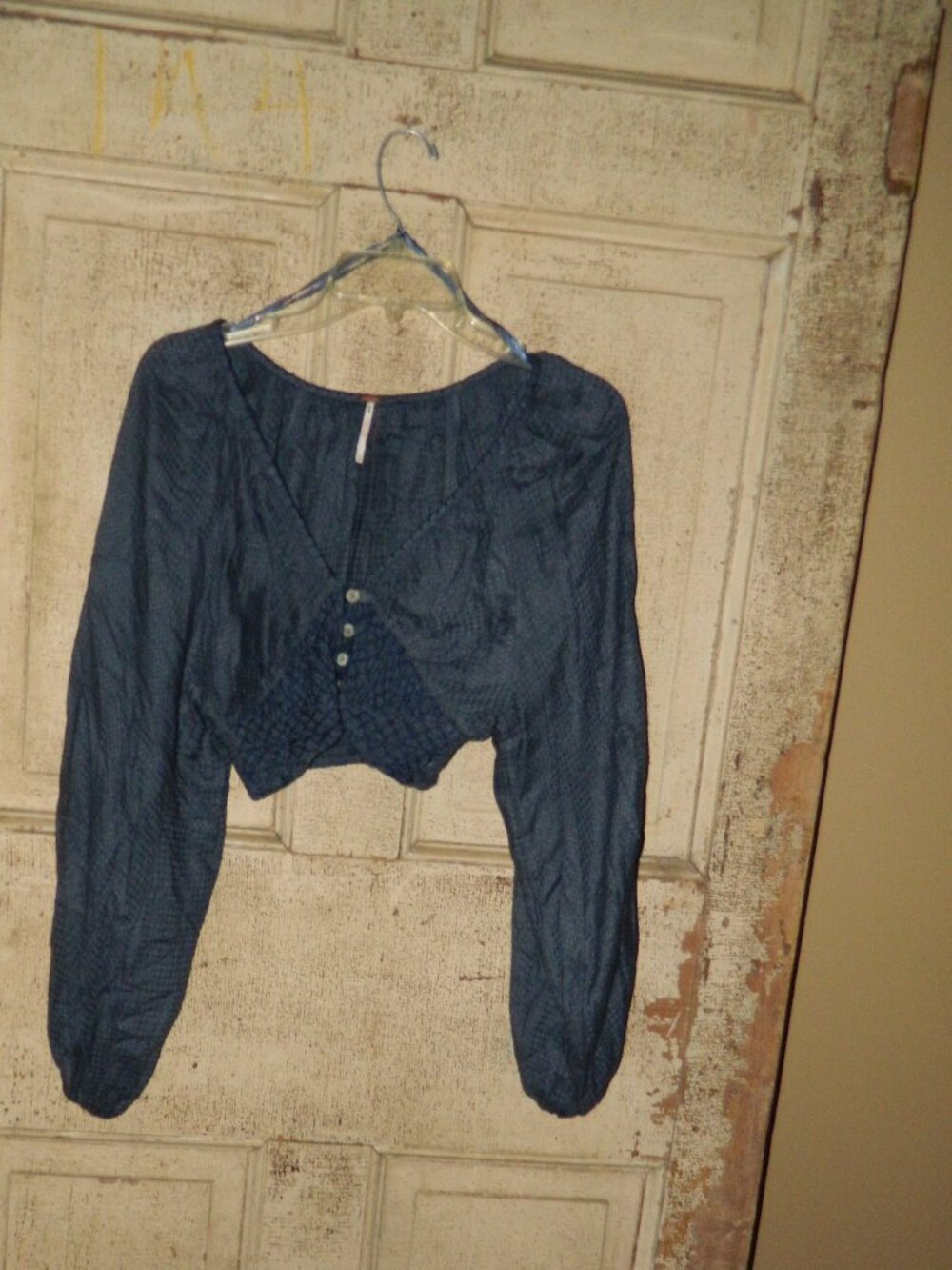 Free People Blue V-Neck Cropped Balloon Sleeve Smocked Crochet Top Sz XS (XX-18)